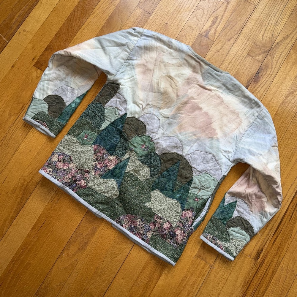 Vintage Jacket Multicolor Quilted Landscape Art To Wear Floral Cottagecore M* - Picture 6 of 11